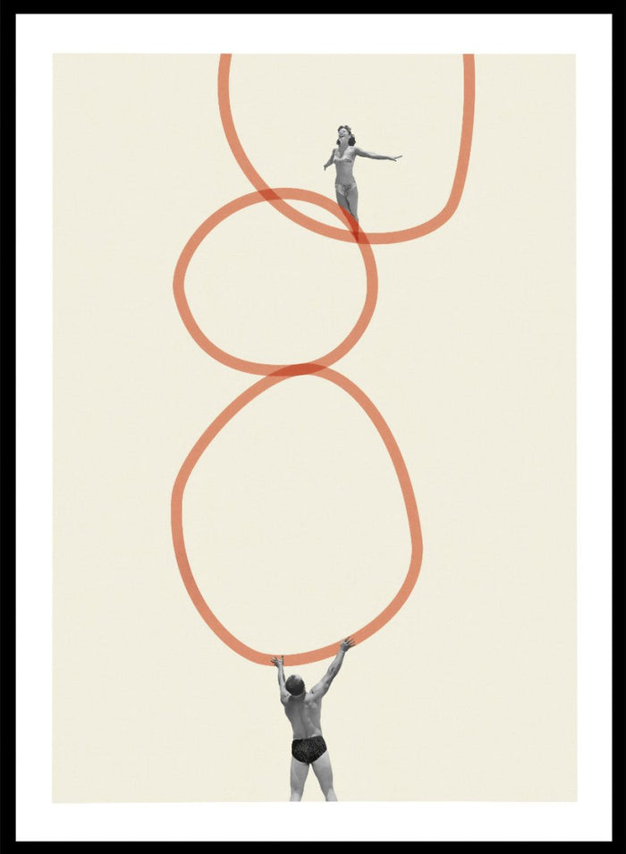 You Make Me Feel Everything by Maarten Léon is a surreal collage art print featuring two figures connected by looping abstract lines. Premium fine art print with real wood framing.