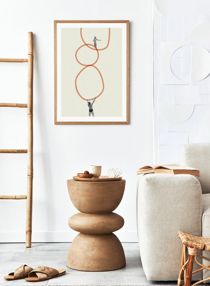 You Make Me Feel Everything by Maarten Léon is a surreal collage art print featuring two figures connected by looping abstract lines. Premium fine art print with real wood framing.