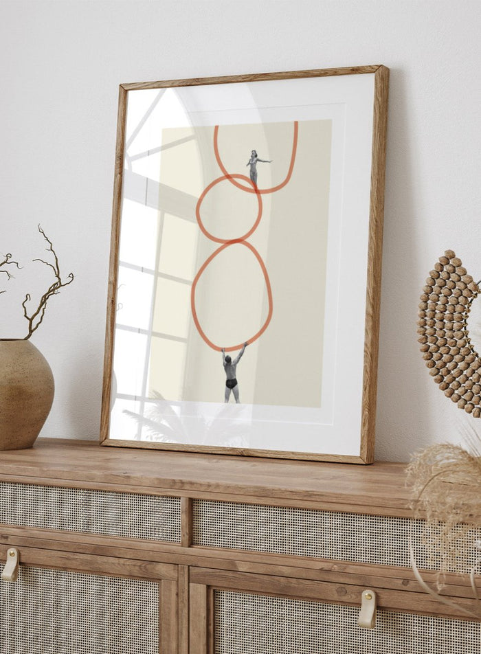 You Make Me Feel Everything by Maarten Léon is a surreal collage art print featuring two figures connected by looping abstract lines. Premium fine art print with real wood framing.
