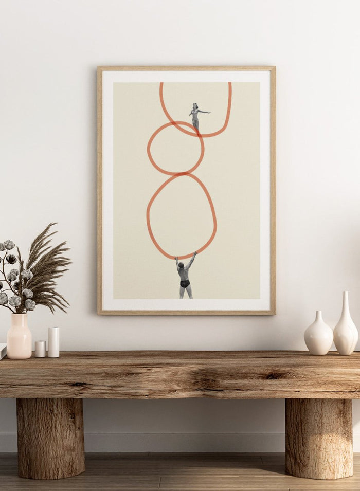 You Make Me Feel Everything by Maarten Léon is a surreal collage art print featuring two figures connected by looping abstract lines. Premium fine art print with real wood framing.