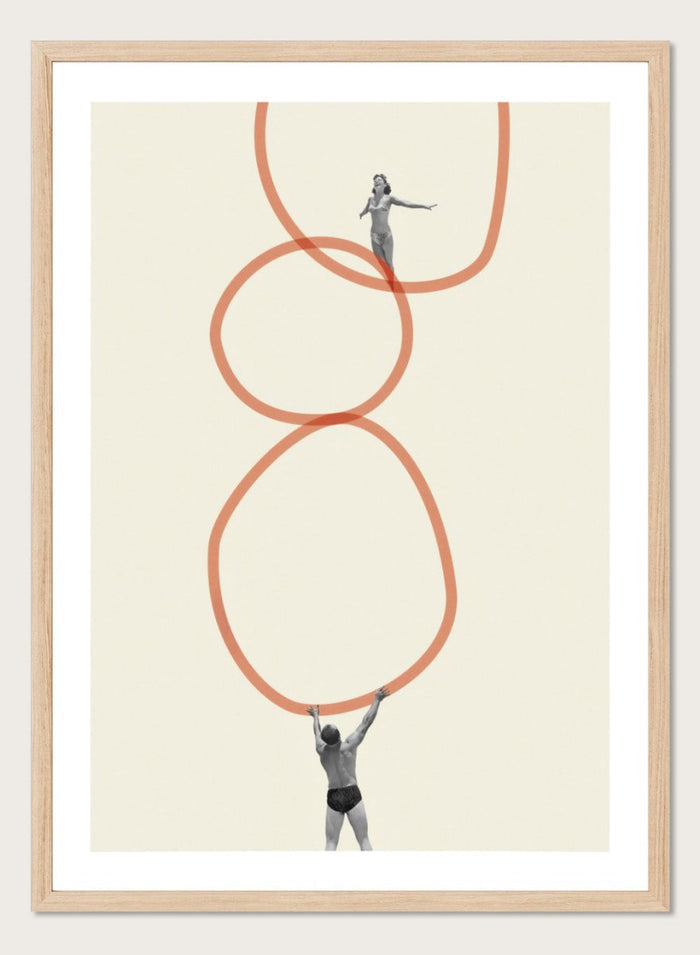 You Make Me Feel Everything by Maarten Léon is a surreal collage art print featuring two figures connected by looping abstract lines. Premium fine art print with real wood framing.