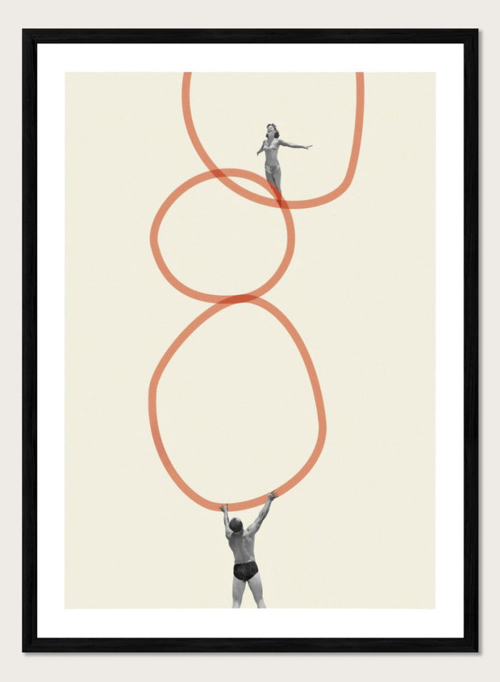You Make Me Feel Everything by Maarten Léon is a surreal collage art print featuring two figures connected by looping abstract lines. Premium fine art print with real wood framing.