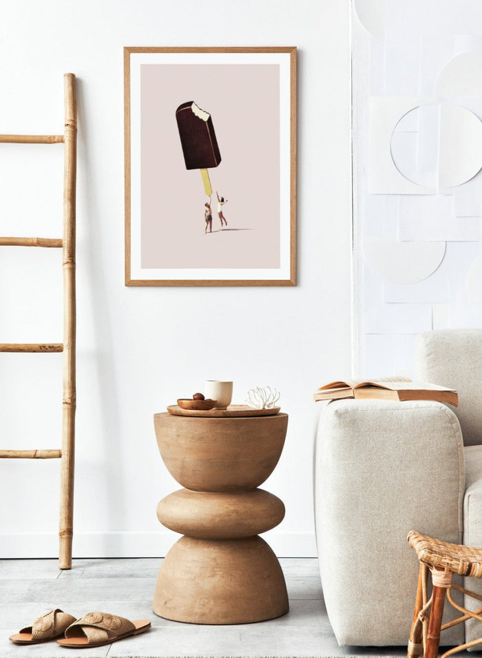 You Treat Me Well by Maarten Léon collage art print featuring two figures holding a melting ice cream. Premium fine art print with real wood framing.