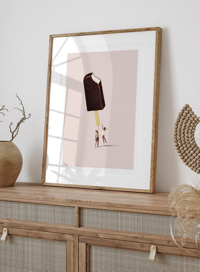 You Treat Me Well by Maarten Léon collage art print featuring two figures holding a melting ice cream. Premium fine art print with real wood framing.