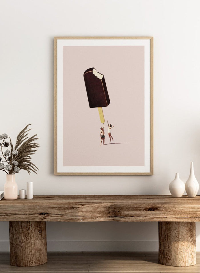 You Treat Me Well by Maarten Léon collage art print featuring two figures holding a melting ice cream. Premium fine art print with real wood framing.