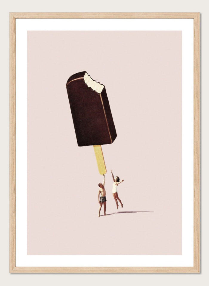You Treat Me Well by Maarten Léon collage art print featuring two figures holding a melting ice cream. Premium fine art print with real wood framing.