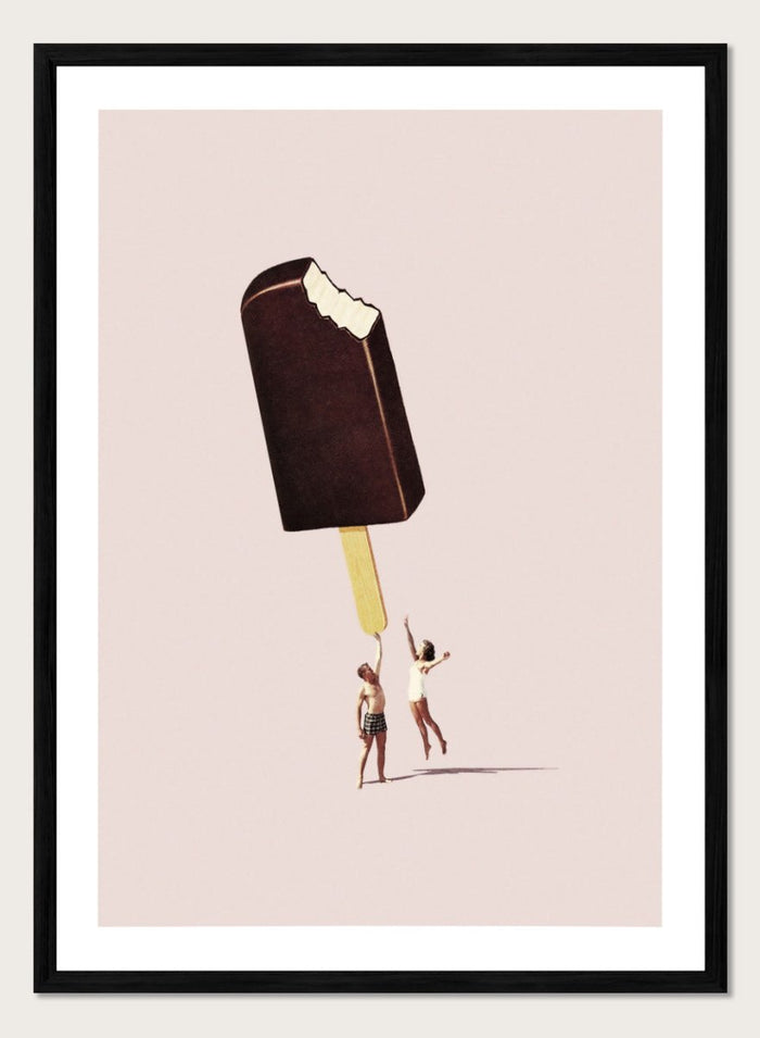 You Treat Me Well by Maarten Léon collage art print featuring two figures holding a melting ice cream. Premium fine art print with real wood framing.
