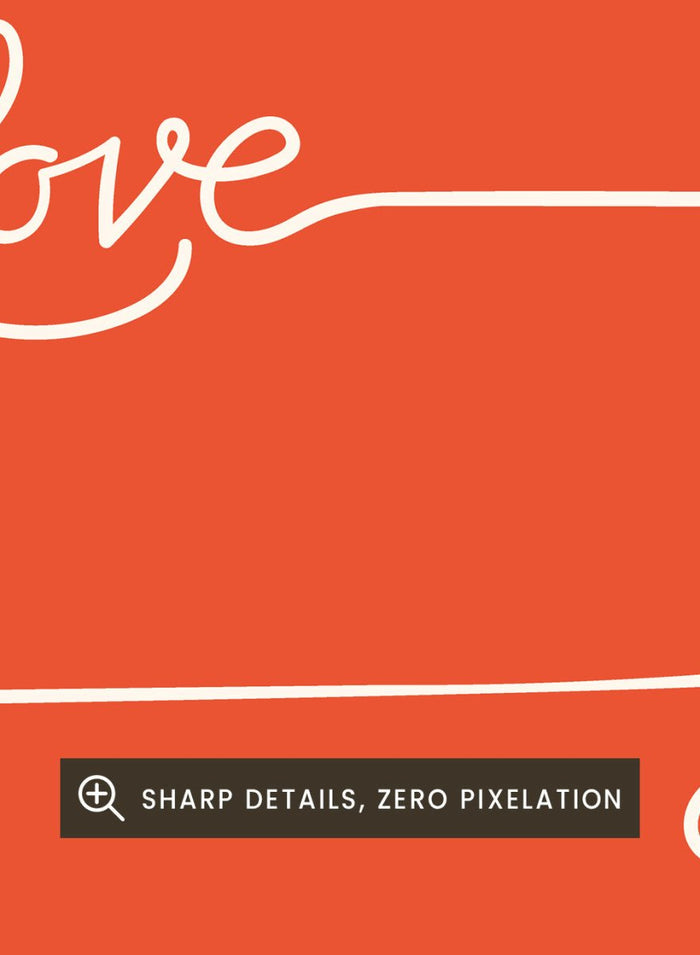 Red poster with 'Love' text and a quote on an orange background. About Love. One Word by Maria Galybina features bold typography and warm coral tones. Modern love quote art print and contemporary wall poster.