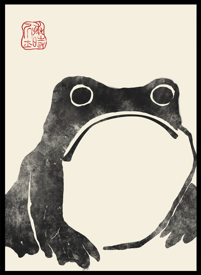 Inspired by Matsumoto Hoji 松本奉時 woodblock frog illustration, this Japanese poster art print showcases illustration of angry toad against beige background. Featuring a abstract black and beige frog drawing, this Japani vintage exhibition poster by Matsumoto Hoji is perfect for any boho, retro, minimalist, or Japani space.