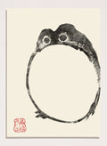 Inspired by Matsumoto Hoji 松本奉時 woodblock frog illustration, this Japanese poster art print showcases illustration of angry toad against beige background. Featuring a abstract black and beige frog drawing, this Japani vintage exhibition poster by Matsumoto Hoji is perfect for any boho, retro, minimalist, or Japani space.