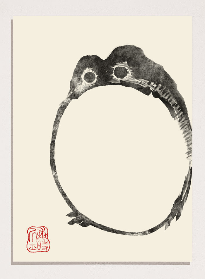 Inspired by Matsumoto Hoji 松本奉時 woodblock frog illustration, this Japanese poster art print showcases illustration of angry toad against beige background. Featuring a abstract black and beige frog drawing, this Japani vintage exhibition poster by Matsumoto Hoji is perfect for any boho, retro, minimalist, or Japani space.