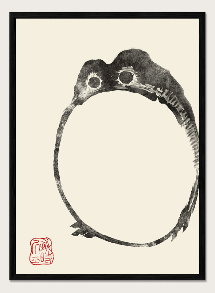 Inspired by Matsumoto Hoji 松本奉時 woodblock frog illustration, this Japanese poster art print showcases illustration of angry toad against beige background. Featuring a abstract black and beige frog drawing, this Japani vintage exhibition poster by Matsumoto Hoji is perfect for any boho, retro, minimalist, or Japani space.