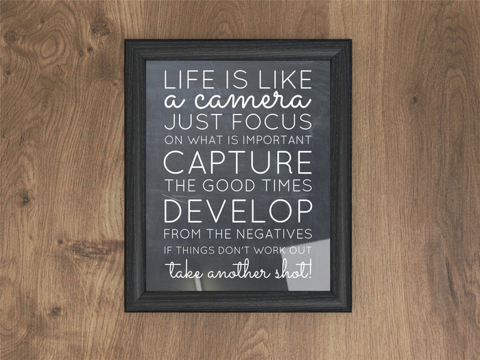 Life is like a camera quote framed in a black picture and poster frame on wooden background.