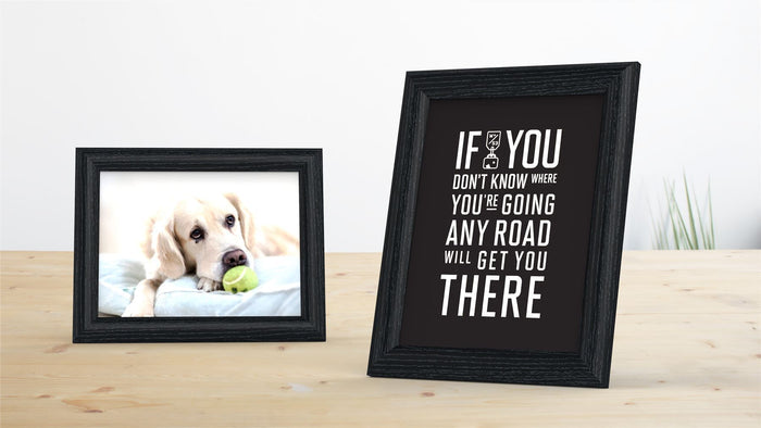 Minimo Range black picture and poster frame showcasing a photo of a golden retriever and an inspirational quote.