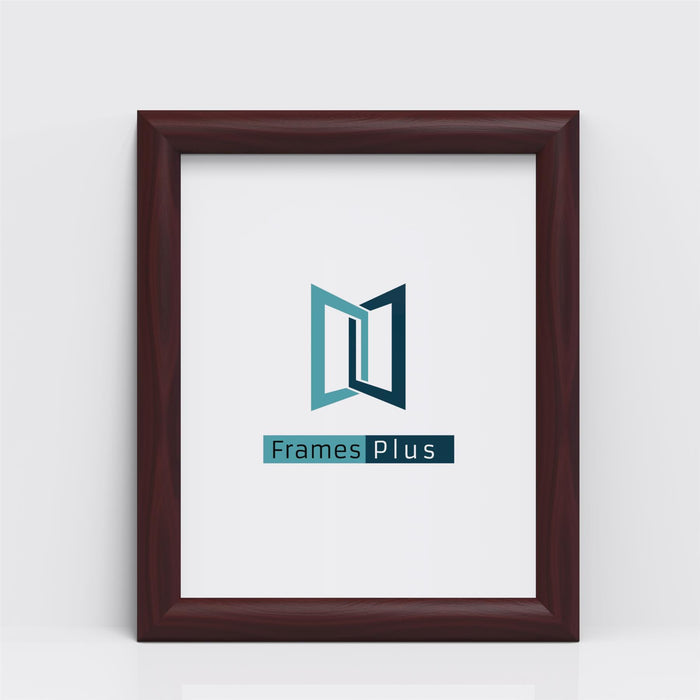 mahogany picture frame displaying the Frames Plus logo inside a clean design.