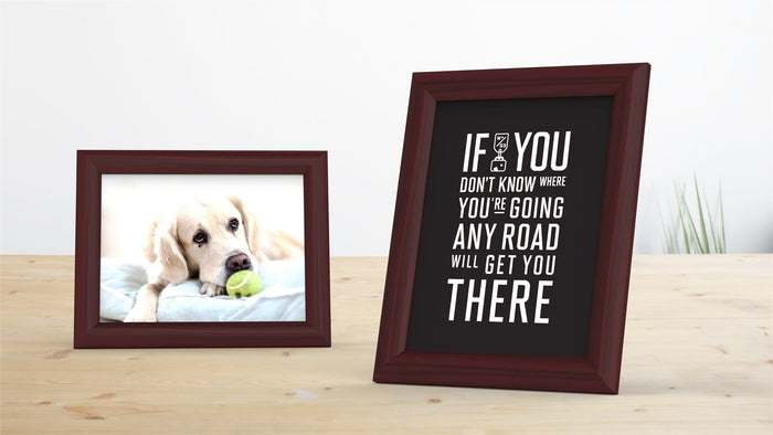 A mahogany picture frame showcasing a golden retriever and a motivational quote framed in mahogany.