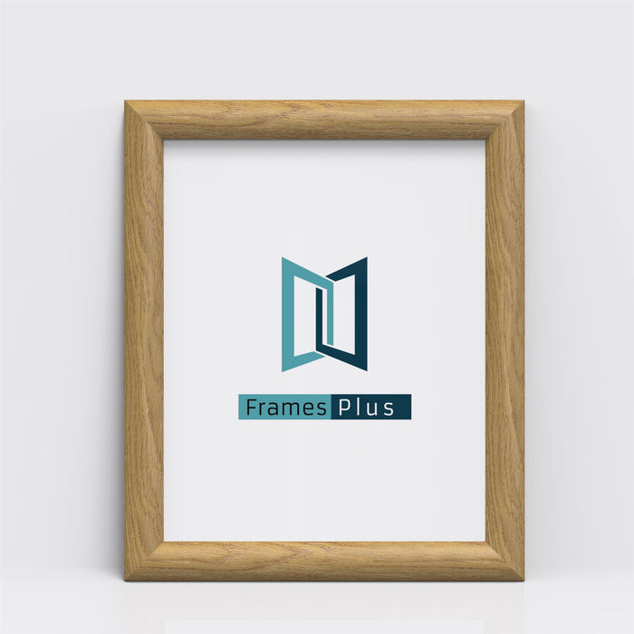 Minimo Range oak picture and poster frames showcasing Frames Plus logo in a clean design with oak finish.