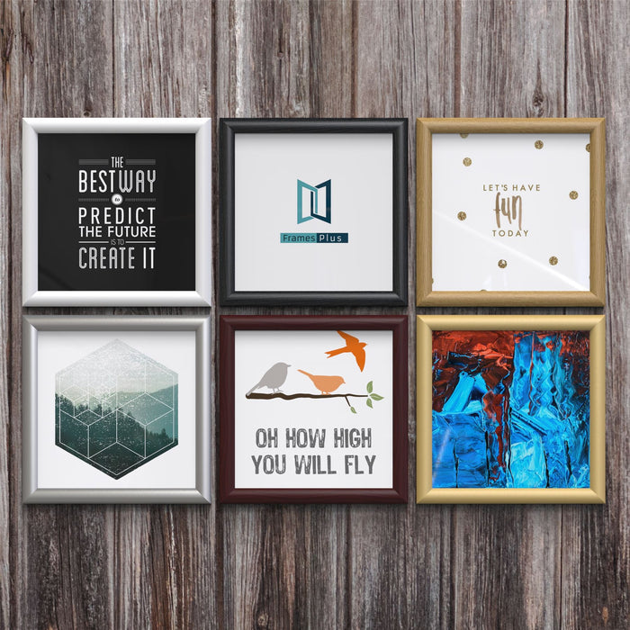 Collage of framed art pieces showcasing oak picture and poster frames in various styles and designs.