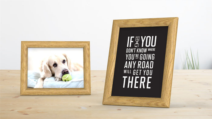Oak picture and poster frames featuring a cute dog and inspirational quote.