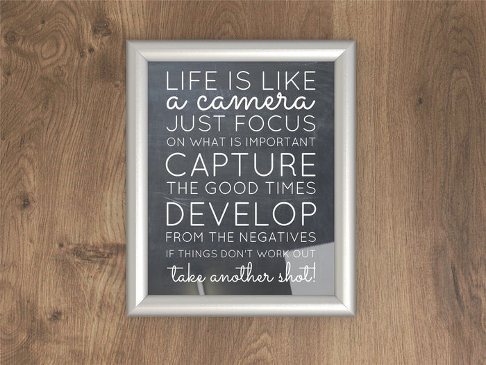 Silver picture and poster frame displaying an inspiring quote about life and photography.