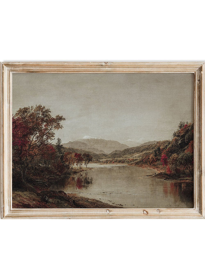 Vintage Jasper Francis Cropsey art print of Mount Washington with fall trees, calm river, and warm tones. Autumn Landscape poster with natural, realistic detail.