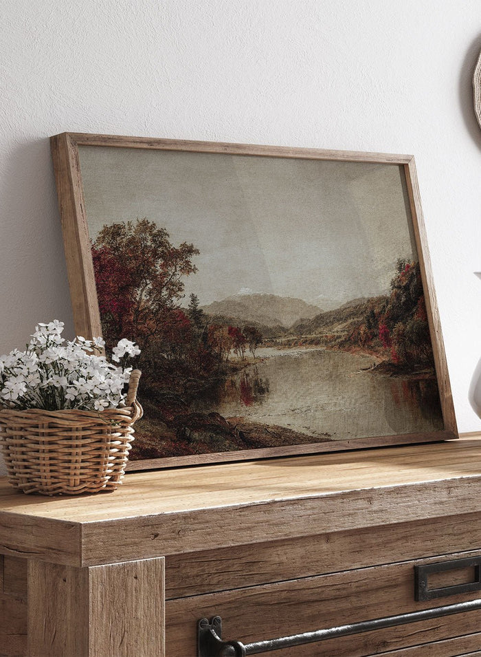Vintage Jasper Francis Cropsey art print of Mount Washington with fall trees, calm river, and warm tones. Autumn Landscape poster with natural, realistic detail.