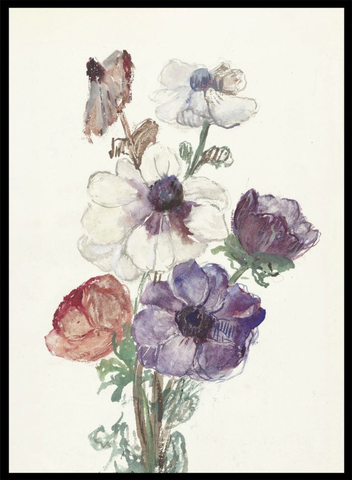 New Year's Greeting with Anemones by Sientje Mesdag-van Houten is a vintage floral art print with white, purple, and red anemones in watercolor.