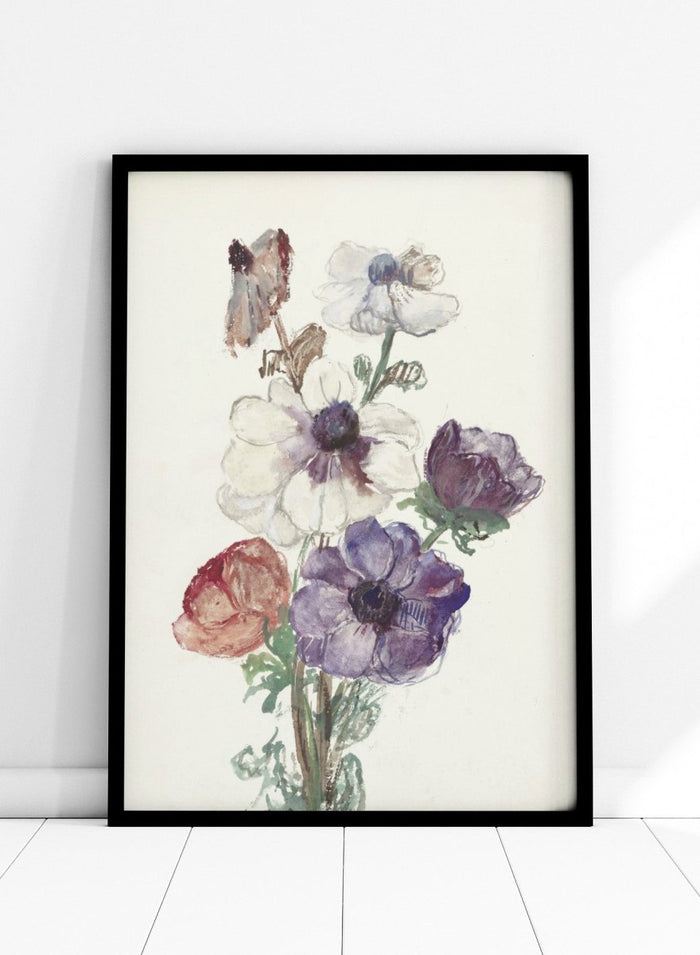 New Year's Greeting with Anemones by Sientje Mesdag-van Houten is a vintage floral art print with white, purple, and red anemones in watercolor.