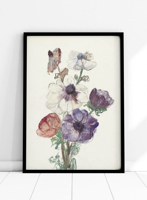 New Year's Greeting with Anemones by Sientje Mesdag-van Houten is a vintage floral art print with white, purple, and red anemones in watercolor.