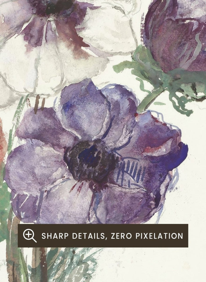 New Year's Greeting with Anemones by Sientje Mesdag-van Houten is a vintage floral art print with white, purple, and red anemones in watercolor.