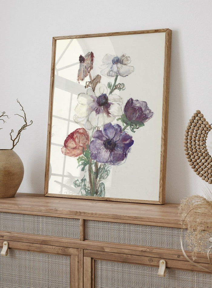 New Year's Greeting with Anemones by Sientje Mesdag-van Houten is a vintage floral art print with white, purple, and red anemones in watercolor.