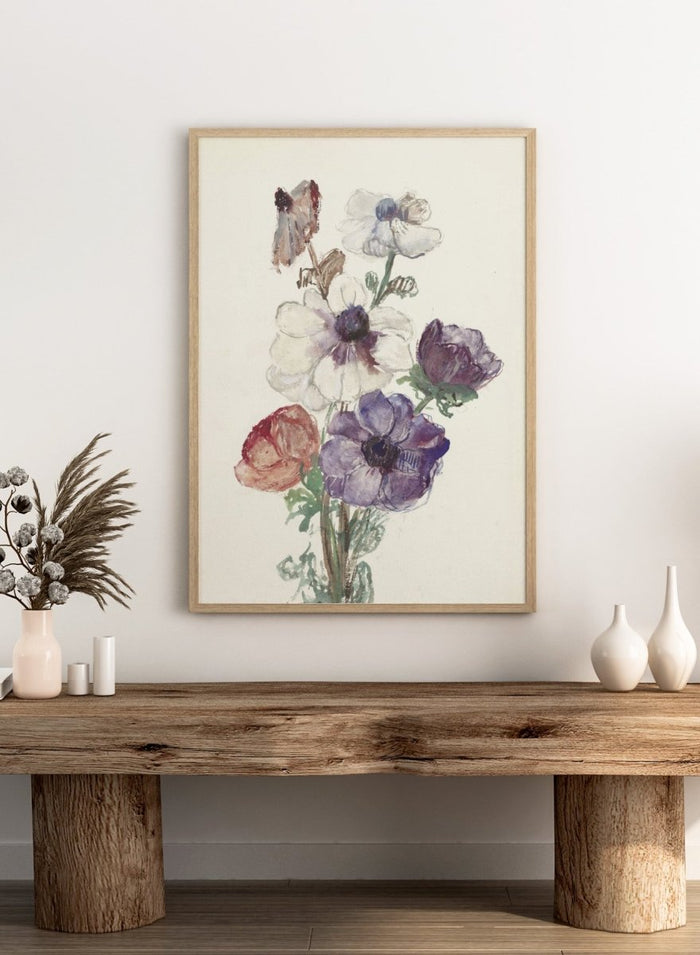 New Year's Greeting with Anemones by Sientje Mesdag-van Houten is a vintage floral art print with white, purple, and red anemones in watercolor.
