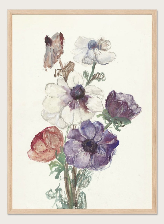 New Year's Greeting with Anemones by Sientje Mesdag-van Houten is a vintage floral art print with white, purple, and red anemones in watercolor.