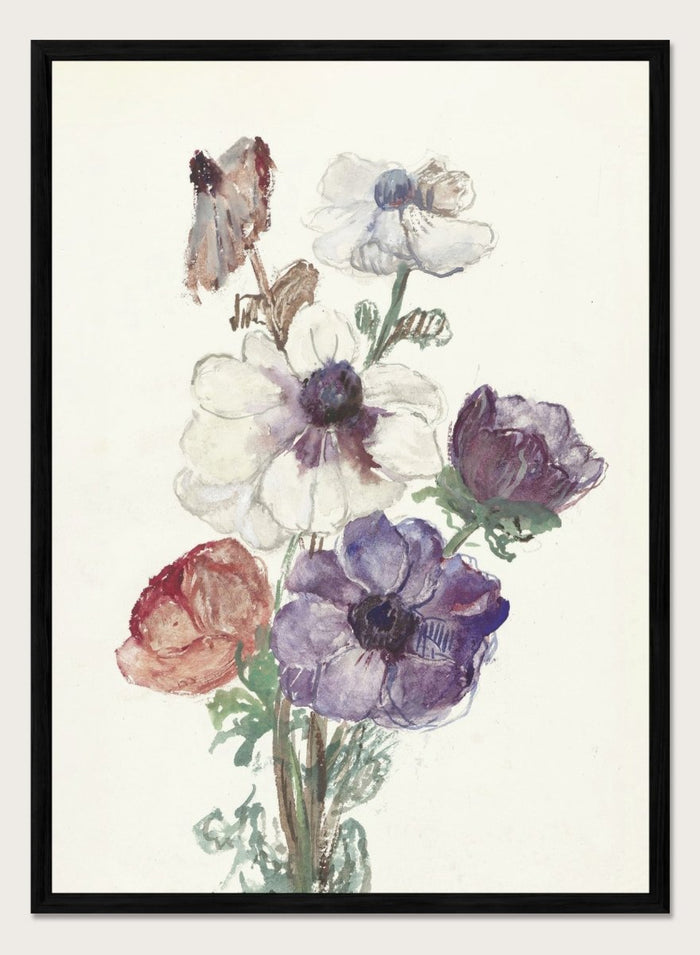 New Year's Greeting with Anemones by Sientje Mesdag-van Houten is a vintage floral art print with white, purple, and red anemones in watercolor.
