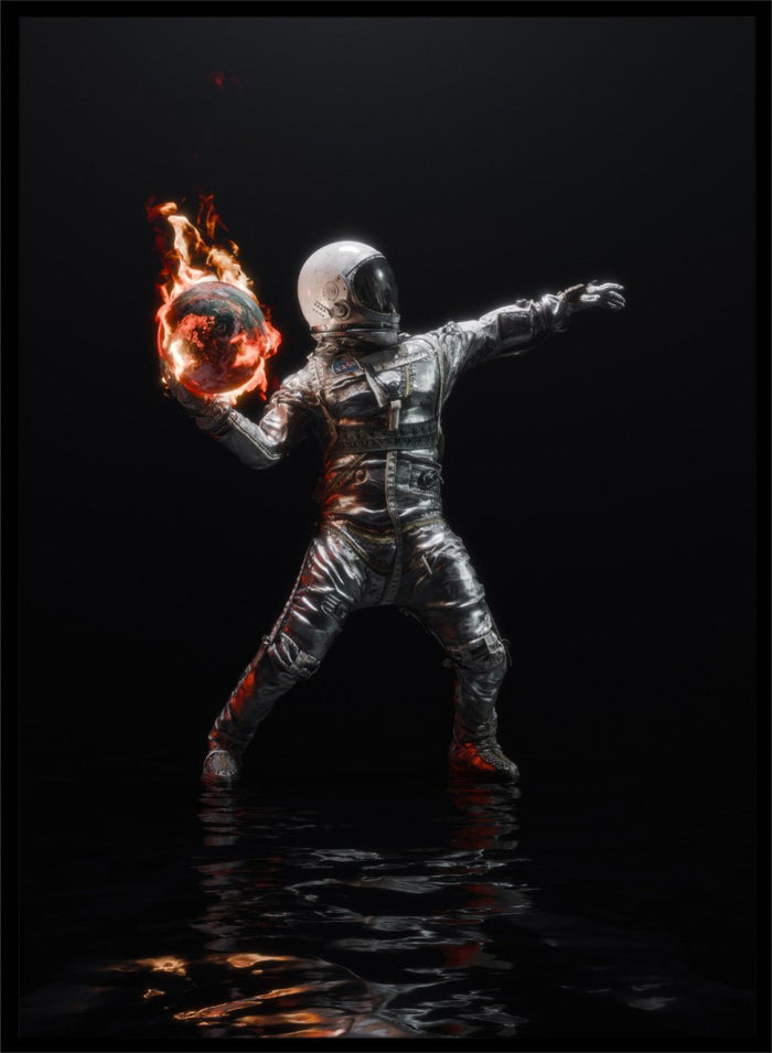 Person in a silver suit holding a flaming sphere against a black background. Astronaut Burning Earth by Nicebleed is a surreal astronaut art print featuring a flaming planet, dark background, and modern sci-fi aesthetic poster design.