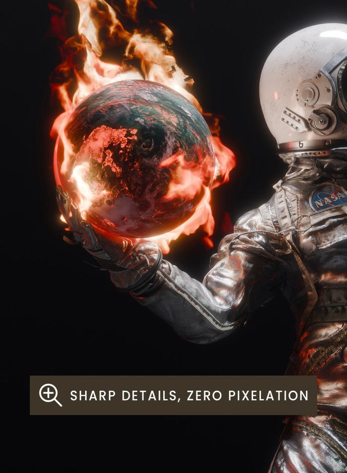 Person in a silver suit holding a flaming sphere against a black background. Astronaut Burning Earth by Nicebleed is a surreal astronaut art print featuring a flaming planet, dark background, and modern sci-fi aesthetic poster design.