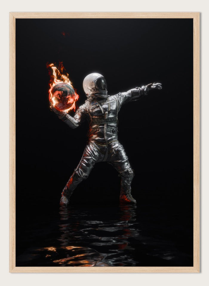 Person in a silver suit holding a flaming sphere against a black background. Astronaut Burning Earth by Nicebleed is a surreal astronaut art print featuring a flaming planet, dark background, and modern sci-fi aesthetic poster design.
