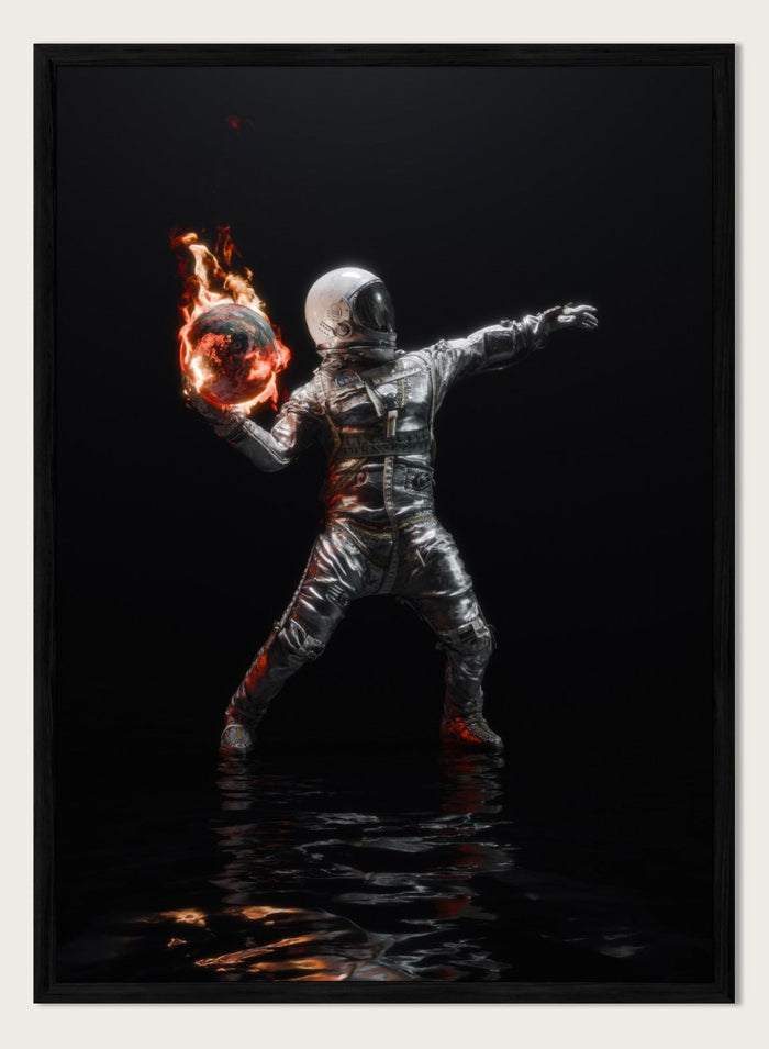 Person in a silver suit holding a flaming sphere against a black background. Astronaut Burning Earth by Nicebleed is a surreal astronaut art print featuring a flaming planet, dark background, and modern sci-fi aesthetic poster design.