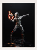 Person in a silver suit holding a flaming sphere against a black background. Astronaut Burning Earth by Nicebleed is a surreal astronaut art print featuring a flaming planet, dark background, and modern sci-fi aesthetic poster design.