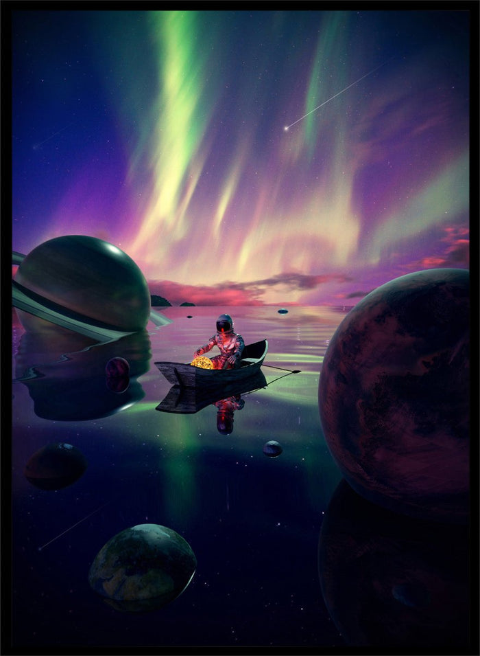 A futuristic scene with a person in a spacesuit on a planet, surrounded by colorful aurora lights and floating planets. Astronaut Drifts Under Aurora by Nicebleed is a surreal space art print featuring an astronaut in a boat under colorful aurora skies, modern aesthetic wall poster.