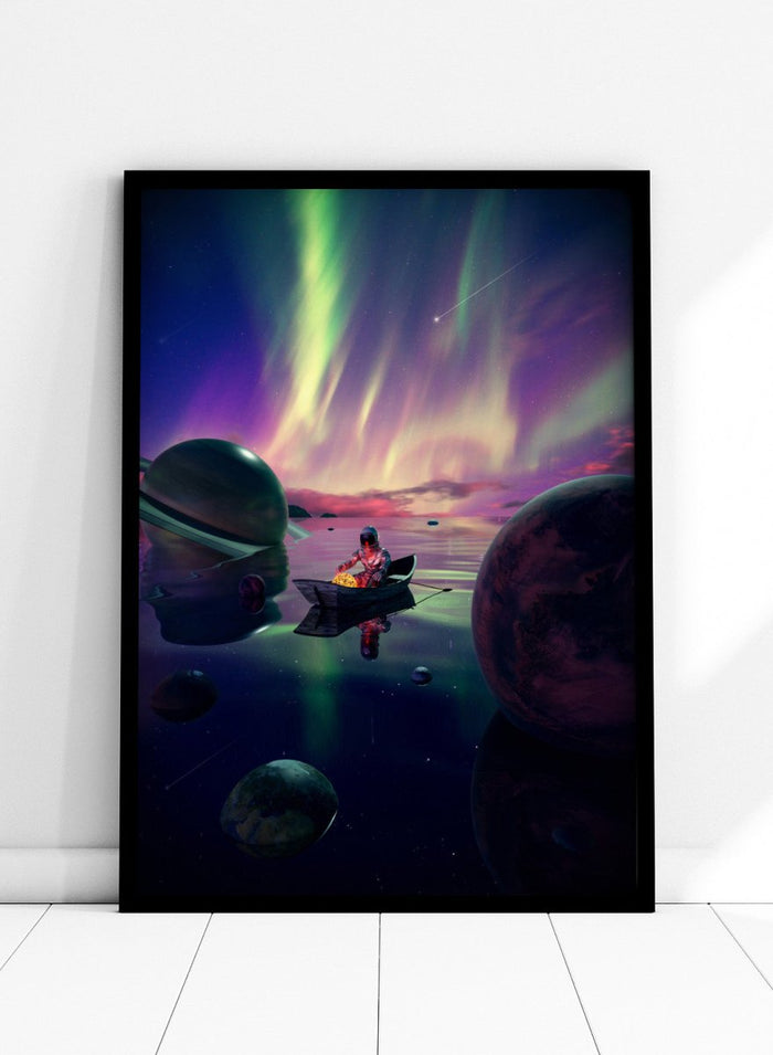 A futuristic scene with a person in a spacesuit on a planet, surrounded by colorful aurora lights and floating planets. Astronaut Drifts Under Aurora by Nicebleed is a surreal space art print featuring an astronaut in a boat under colorful aurora skies, modern aesthetic wall poster.