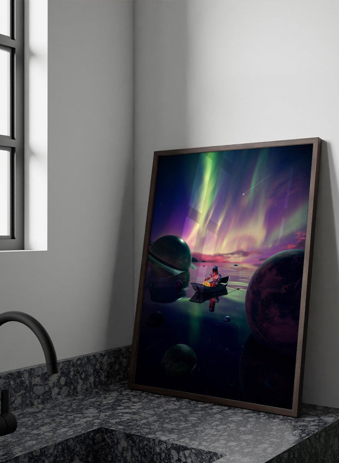 A futuristic scene with a person in a spacesuit on a planet, surrounded by colorful aurora lights and floating planets. Astronaut Drifts Under Aurora by Nicebleed is a surreal space art print featuring an astronaut in a boat under colorful aurora skies, modern aesthetic wall poster.
