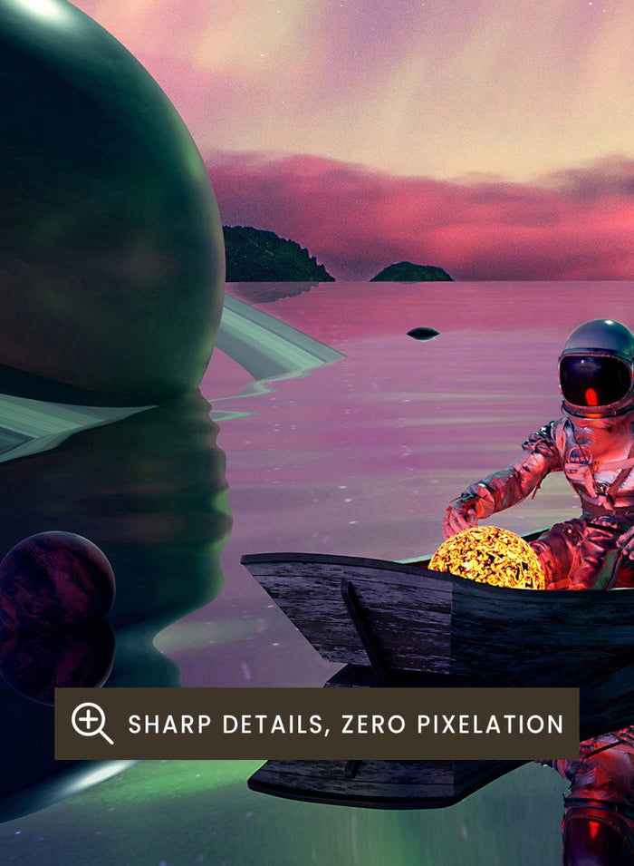 A futuristic scene with a person in a spacesuit on a planet, surrounded by colorful aurora lights and floating planets. Astronaut Drifts Under Aurora by Nicebleed is a surreal space art print featuring an astronaut in a boat under colorful aurora skies, modern aesthetic wall poster.