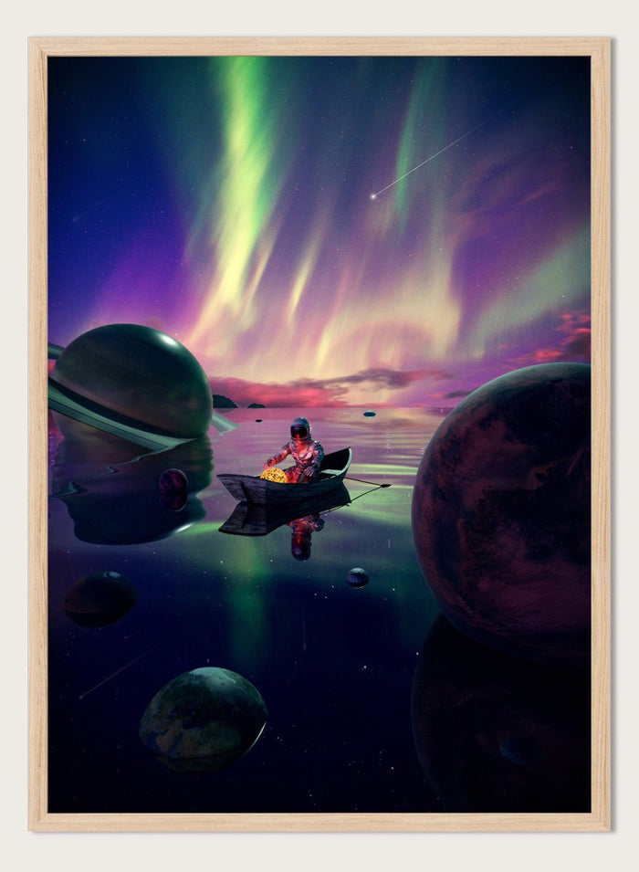 A futuristic scene with a person in a spacesuit on a planet, surrounded by colorful aurora lights and floating planets. Astronaut Drifts Under Aurora by Nicebleed is a surreal space art print featuring an astronaut in a boat under colorful aurora skies, modern aesthetic wall poster.