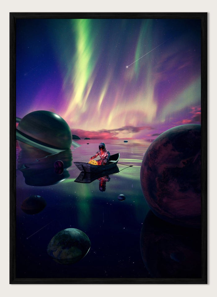 A futuristic scene with a person in a spacesuit on a planet, surrounded by colorful aurora lights and floating planets. Astronaut Drifts Under Aurora by Nicebleed is a surreal space art print featuring an astronaut in a boat under colorful aurora skies, modern aesthetic wall poster.