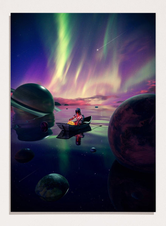 A futuristic scene with a person in a spacesuit on a planet, surrounded by colorful aurora lights and floating planets. Astronaut Drifts Under Aurora by Nicebleed is a surreal space art print featuring an astronaut in a boat under colorful aurora skies, modern aesthetic wall poster.