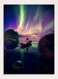 A futuristic scene with a person in a spacesuit on a planet, surrounded by colorful aurora lights and floating planets. Astronaut Drifts Under Aurora by Nicebleed is a surreal space art print featuring an astronaut in a boat under colorful aurora skies, modern aesthetic wall poster.