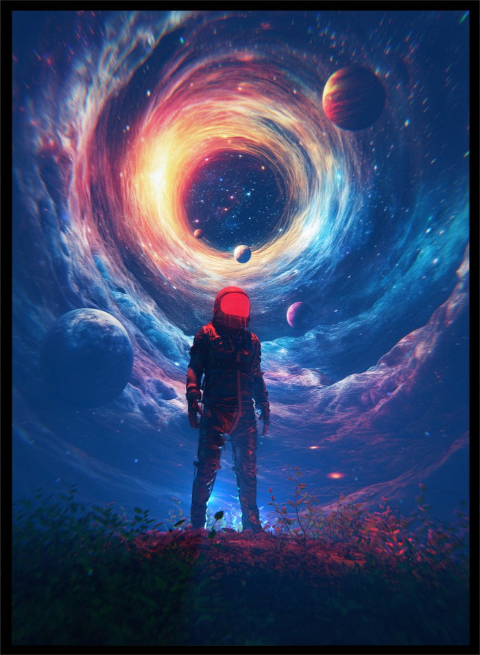 Astronaut Facing Cosmic Portal by Nicebleed is a surreal astronaut art print with galaxy vortex, planets, and modern sci-fi aesthetic poster design.