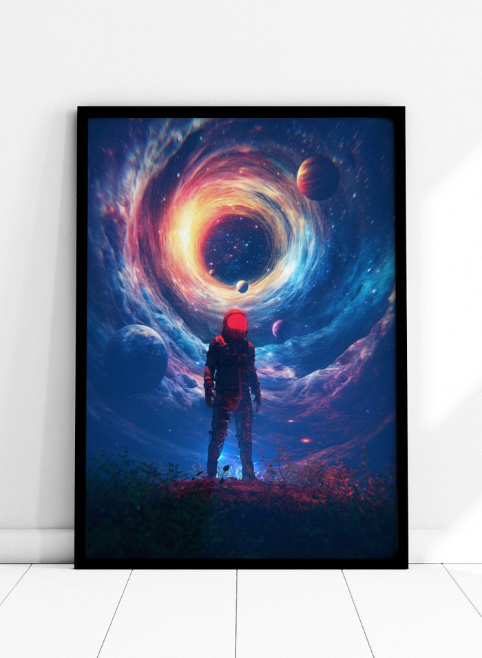 Astronaut Facing Cosmic Portal by Nicebleed is a surreal astronaut art print with galaxy vortex, planets, and modern sci-fi aesthetic poster design.
