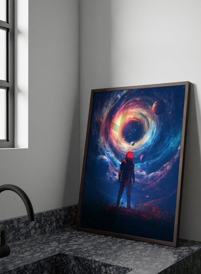 Astronaut Facing Cosmic Portal by Nicebleed is a surreal astronaut art print with galaxy vortex, planets, and modern sci-fi aesthetic poster design.
